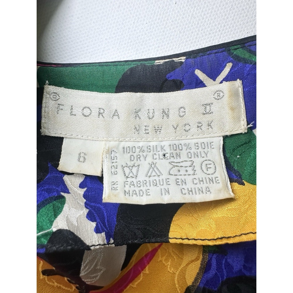 VTG *RARE* 1980's Flora Kung 100% Silk Colorful Floral Puff Sleeve Wrap Dress 6 - Picture 12 of 16